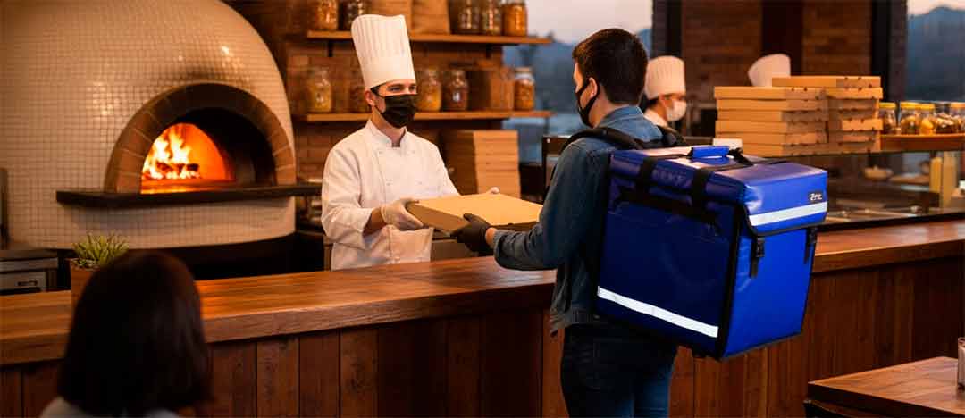 Repartidor con mochila de repartidor térmica azul recoge un pedido en una pizzería