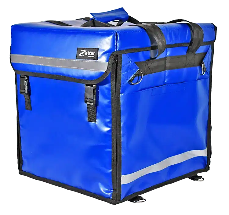 Mochila térmica F-75 azul sin estructura, con hebillas negras, logo Zetter y cintas reflejantes